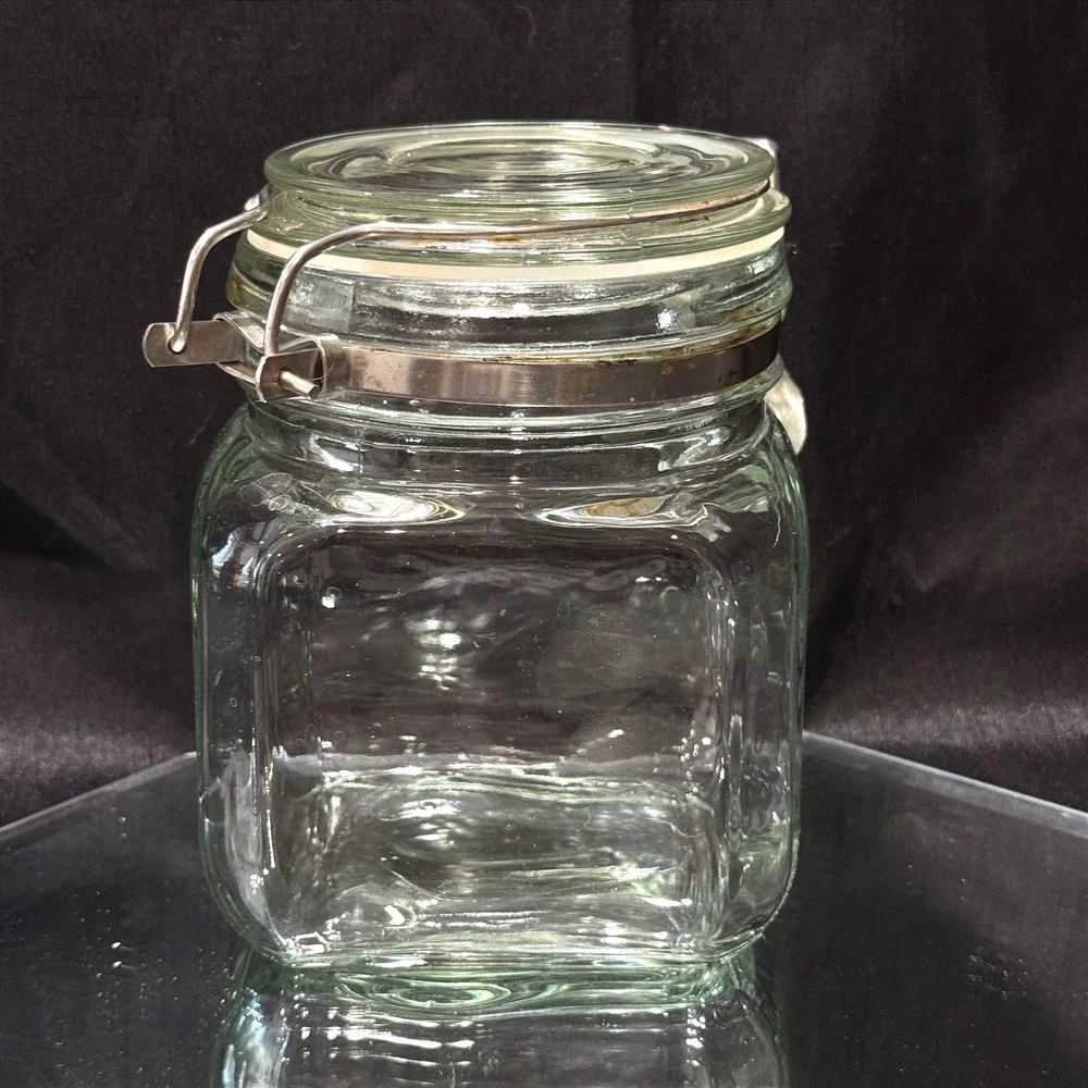 Vintage Italian Clear Square Airtight Glass Jar Wire Bale Clamp Lid Canister